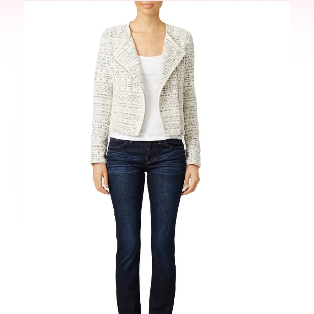 Joie Jacquard Moto Jacket Zipped Beige Gray Leather Trim Sz M